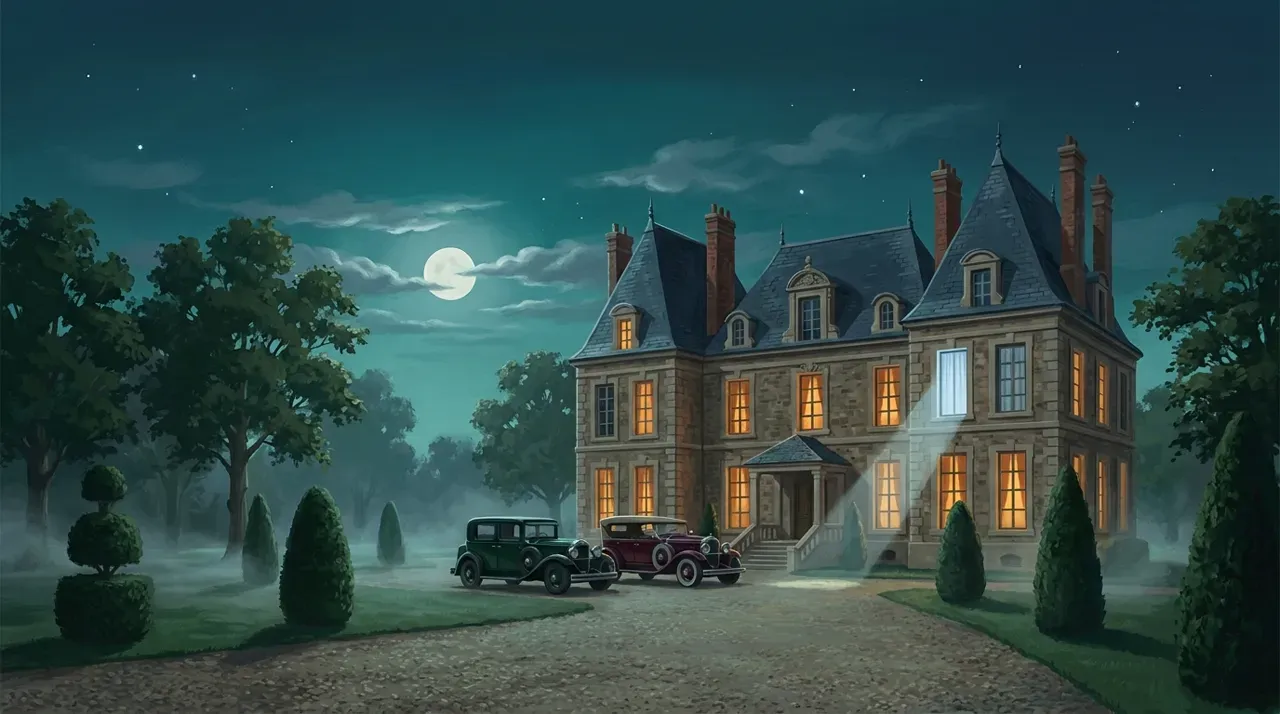 Illustration d'un manoir éclairé sous la pleine lune, avec deux voitures anciennes garées devant et un jardin brumeux.